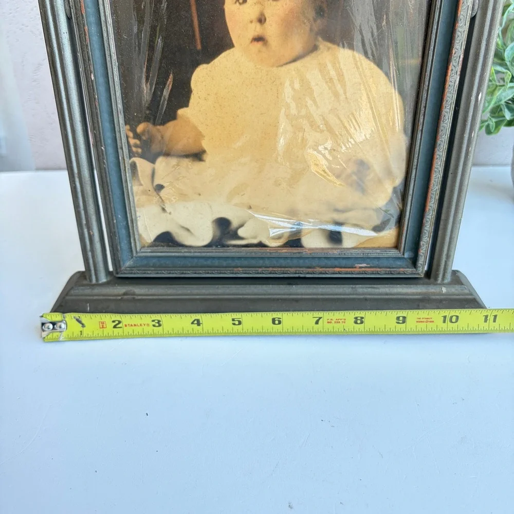 Antique Swivel Tabletop Picture Frame Green Gold Wood Baby Portrait 11 inch